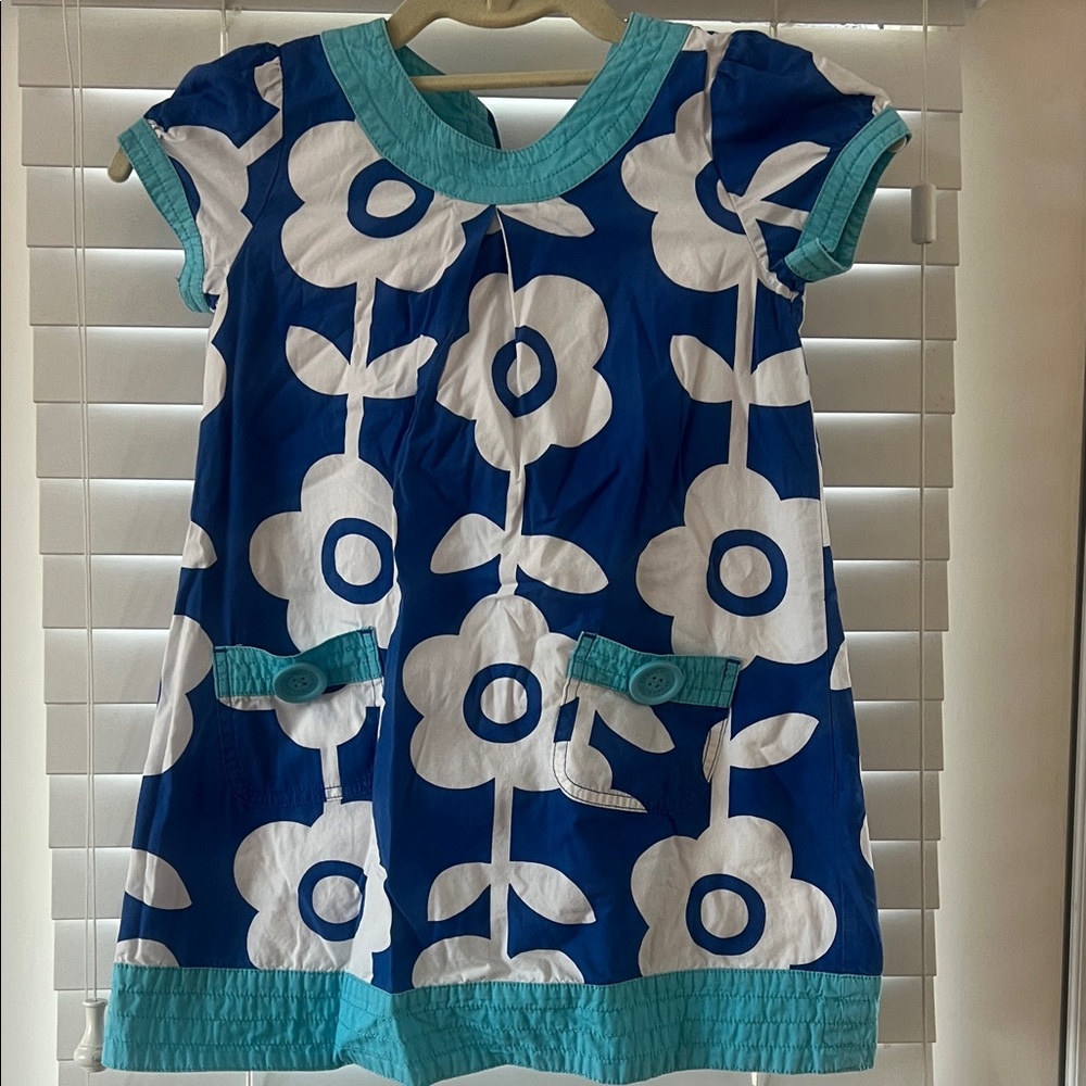 Mini Boden Blue and White Floral Dress with Teal Trim